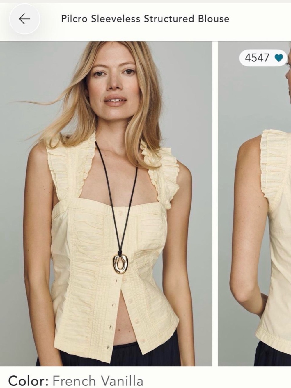 Anthropologie PilcroSleeveless Ruffle-Trim Button Front Blouse in French Vanilla